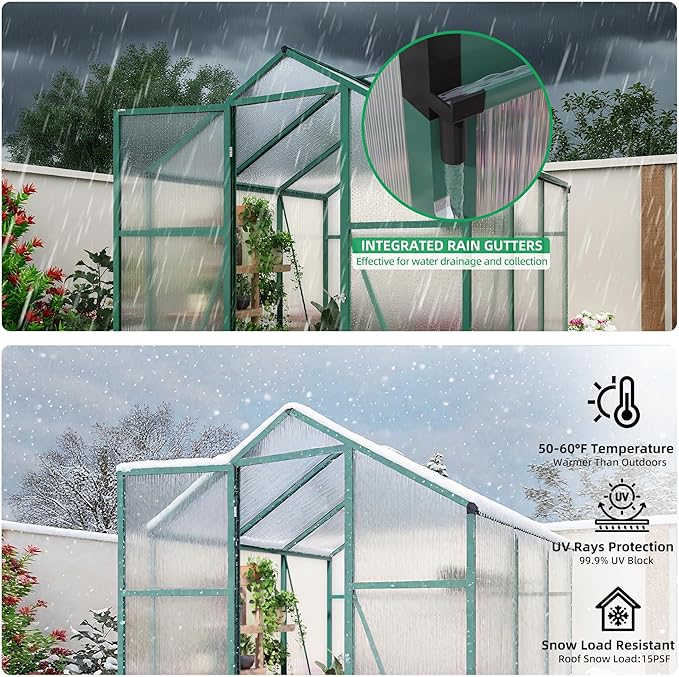 6x6 FT Greenhouse,Outdoor Greenhouse W/ Roof Vent,Walk-in Aluminum Polycarbonate Green Houses W/ Drainage System & Ground Nails,for Outside Garden,Backyard,Patio,Lawn,Green