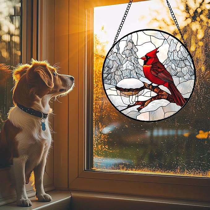 Stained Glass Window Hanging Cardinal Bird Winter Snow Scene 7.8" - Suncatcher Door Garden Sunroom Sun Catcher Home Decor Birthday Christmas for Mom Men Woman Nana