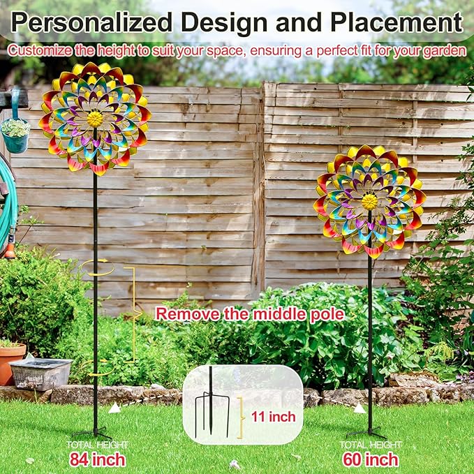 Garden Wind Spinners Outdoor Large Metal, 84'' Yard Art Wind Sculptures & Spinners, Windmills Gifts for Mother's Day Birthday Lawn Patio Decor(Rainbow)