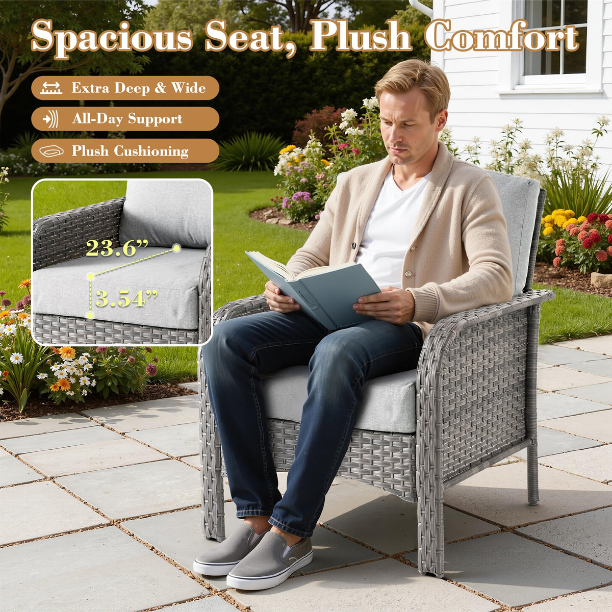 ORMONO 2 Pieces Patio Furniture Set, Two Single Chair Outdoor Furniture, All-Weather Rattan Wicker High Back Conversation Set of 2 for Small Space Porch, Backyard, Balcony, Grey