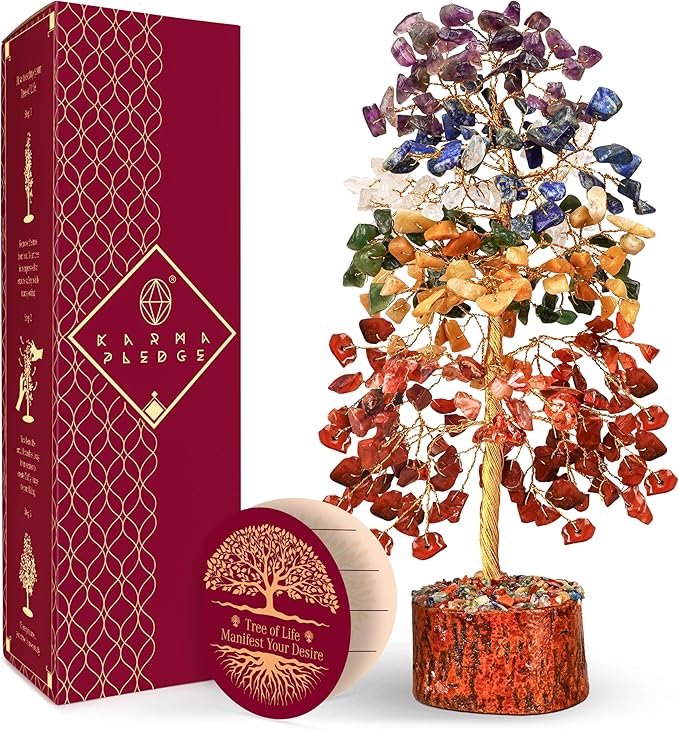 7 Chakra Healing Crystal Tree of Life with Manifestation Card, Handmade Golden Wire Crystal Tree for Good Luck, Positive Energy, Wealth, Reiki Healing, and Decor, Gift for Women and Mom