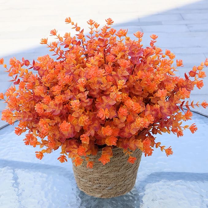 BCBLF Artificial Flowers for Outdoors, 12 Bundles UV Resistant Realistic Faux Plants for Outside Porch Planter, Spring Summer Home Garden Decoration, Red Orange
