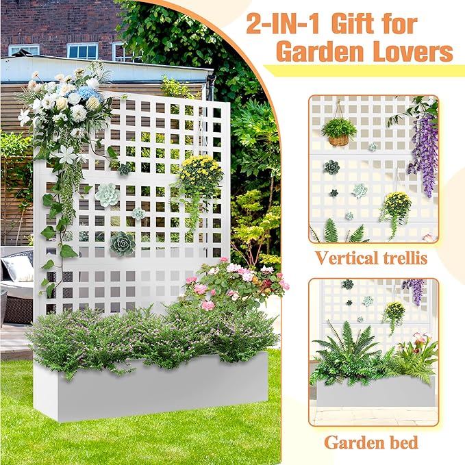Metal Planter Box with Trellis & Wheels, Raised Garden Bed with Privacy Screen, Outdoor Standing Flower Beds with Drainage Hole for Climbing Plants, Vine, 47" Lx16 Wx71 H