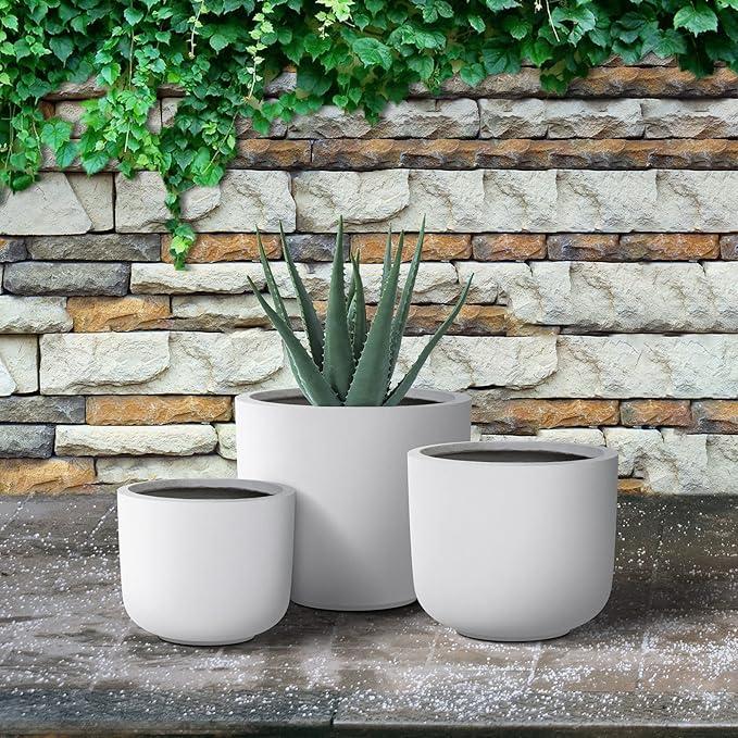 Kante 13",11",9" Dia Pure White Concrete Round Planters (Set of 3), Outdoor Indoor Modern Planter Pots, Lightweight, Weather Resistant, Seamless with Drainage Hole
