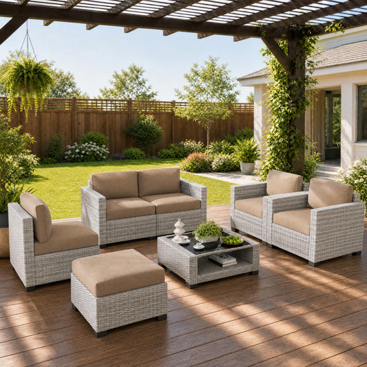 LOUVIXA 7 Piece Outdoor Patio Furniture Set, Rattan Chairs Glass Table Wicker Conversation Seating Sectional Sofa with Cushions (Grey White-Camel, 7Pcs-2 Layer Coffee Table)
