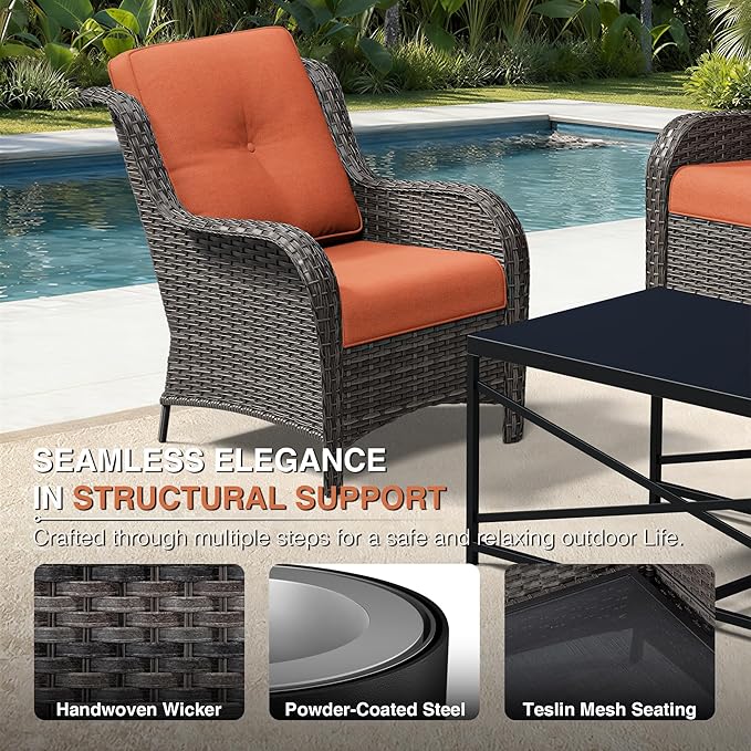 Joyside 3 Piece Wicker Patio Furniture Set, Rattan Patio Chairs with High Back, Deep Seating, Wide Armrest, Thickened Cushions, Outdoor Furniture for Deck, Porch Use