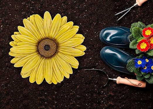 NAT & Jules Gerbera Daisy Flower Shaped Dimensional Indoor Outdoor 12 inch Cast Resin Decorative Garden Stepping Stone, Patio, Walkway Sculpture Yard Art, Yellow