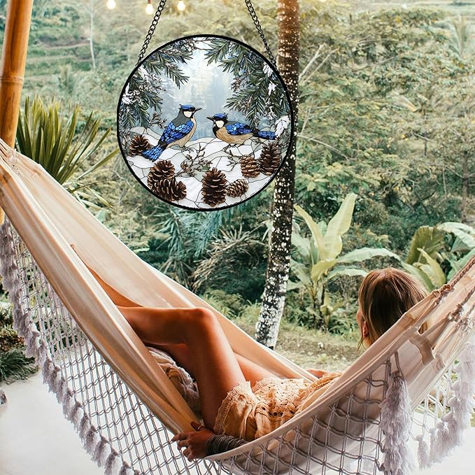HWRHTR Stained Glass Window Hanging - Blue Bird Winter Forest Landscape Suncatcher for Door Garden Yard Sun Catchers Decor Christmas Mother's Day Birthday Gifts for Women Mom Nana Friend 9.8 in