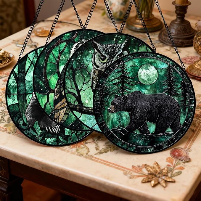 DASTOLL Stained Glass Window Hanging 4 Pcs Set Green Forest Night Sky Wildlife 9.8" - Suncatcher Door Garden Sun Catcher Decor Birthday for Mom Woman Nana Men Friend