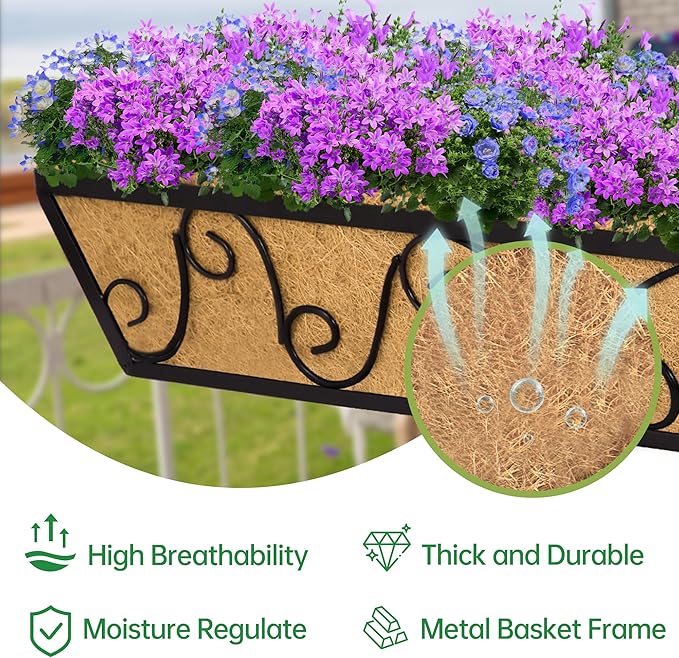 Y&M 30 Inch Window Deck with Coco Liner, Fence Metal Hanging Flower Planter Window Basket Deck Railing Planter Boxes for Outdoor Garden Lawn-Butterfly, 4pcs