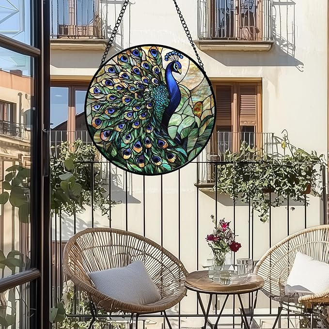 DASTOLL Stained Glass Window Hanging, Blue Green Peacock Decor Suncatcher for Door Garden Home Decoration Bird Sun Catchers Christmas Mother's Day Birthday Gifts for Women Men Mom Nana Friend 9.8 in