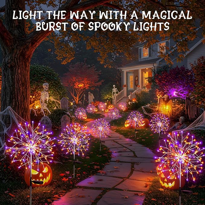 suddus Solar Halloween Lights Outdoor Solar Powered, Upgrade 2-Pack Orange & Purple Solar Firework Lights, Waterproof Garden Light for Yard Pathway Patio Flowerbed Halloween Decorations