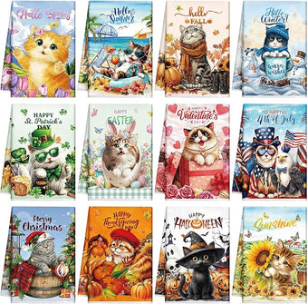 Peryiter 12 Pcs Seasonal Kitchen Towels Set for All Holidays, Seasonal Hand Dish Tea Towels Bulk Valentine's Day Absorbent Dishcloths Housewarming Gift for Cooking Kitchen Bathroom(Cute Cat)