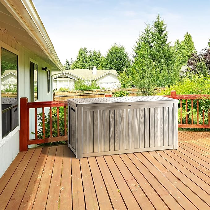 TARKARI 270 Gallon Lockable Resin Deck Box, Waterproof & UV-Resistant Outdoor Storage Box for Outdoor Cushion Storage, Garden Tools & Pool Accessories Storage, Gray