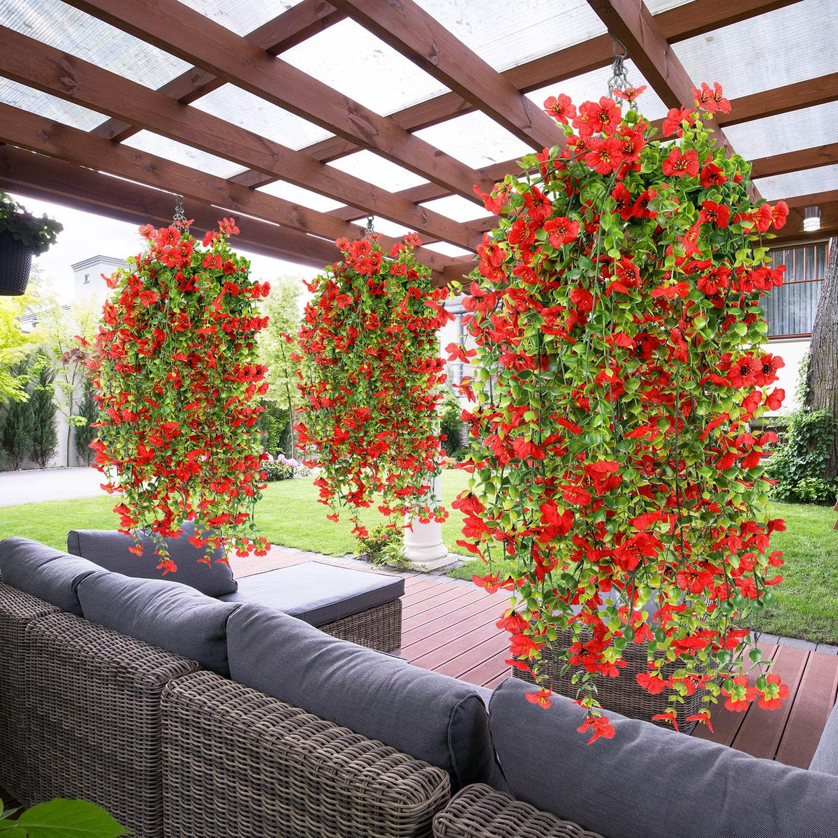 FineCheer 6 Pcs Fall Artificial Hanging Flowers Outdoor, Red