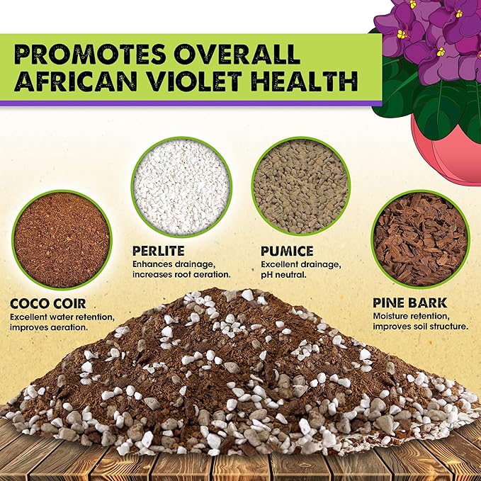 DUSPRO Recycle Premium 4-in-1 African Violet Potting Soil African Violet Soil Blend with Perlite, Coco Coir, Pumice, Pine Bark for Optimal Moisture Retention & Drainage 4QT