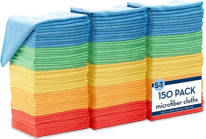 S&T INC. 150 Pack Microfiber Cleaning Cloth, Bulk Towels for Home, Reusable Microfiber Towels for Cars, Cleaning Rags, Assorted, 11.5 Inches x 11.5 Inches, 150 Count