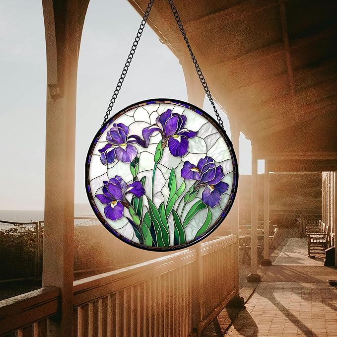 Stained Glass Window Hanging - Purple Iris Flower Sun Catcher for Door Terrace Garden Home Decor, Green Plants Suncatcher Birthday Gifts for Lovers Women Men Dad Mom Nana 6.3 in