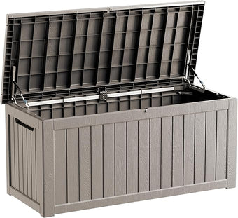 TARKARI 270 Gallon Lockable Resin Deck Box, Waterproof & UV-Resistant Outdoor Storage Box for Outdoor Cushion Storage, Garden Tools & Pool Accessories Storage, Gray