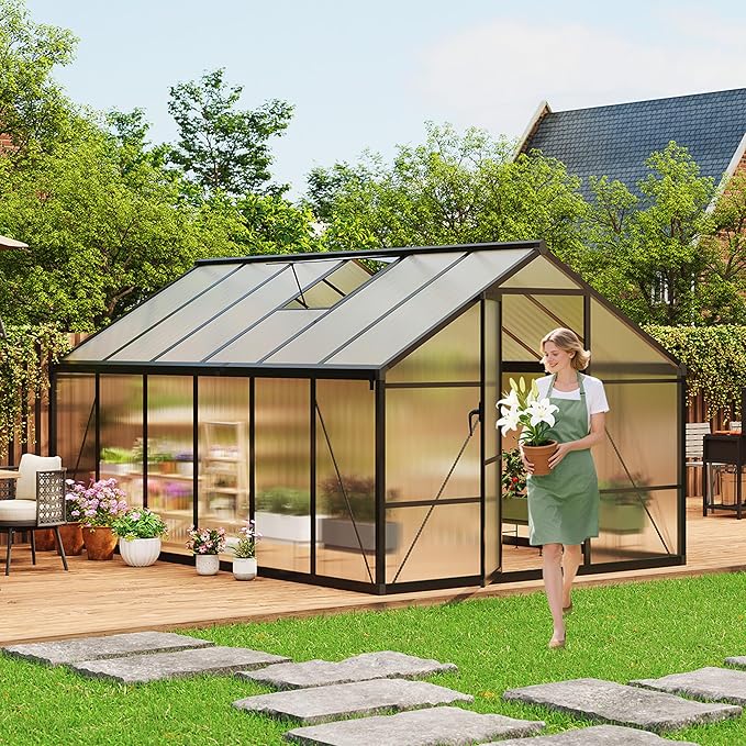 8X12 FT Outdoor Polycarbonate Greenhouse, Sturdy Aluminum Frame, Adjustable Roof Vent, Ideal for Backyard, Patio, or Garden, All-Weather Green House for Growing Plants and Vegetables