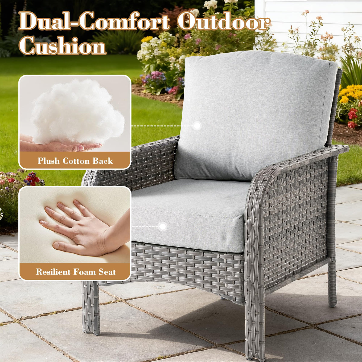 ORMONO 2 Pieces Patio Furniture Set, Two Single Chair Outdoor Furniture, All-Weather Rattan Wicker High Back Conversation Set of 2 for Small Space Porch, Backyard, Balcony, Grey
