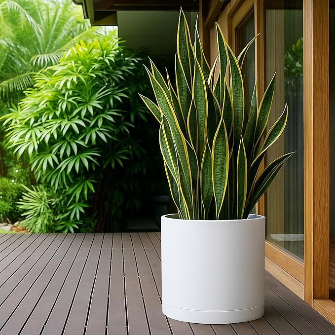 D'vine Dev 16 Inch White Plastic Planter Pots for Plant Pot with Drainage Hole and Seamless Saucers, 74-X-A-5