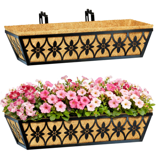 24 Inch Window Boxes Planters Railing Planter Box - 2 Pack Deck Railing Planter Boxes with Adjustable Brackets Coco Liners Balcony Planters Railing Hanging for Window Flower Boxes Outdoor Garden Decor