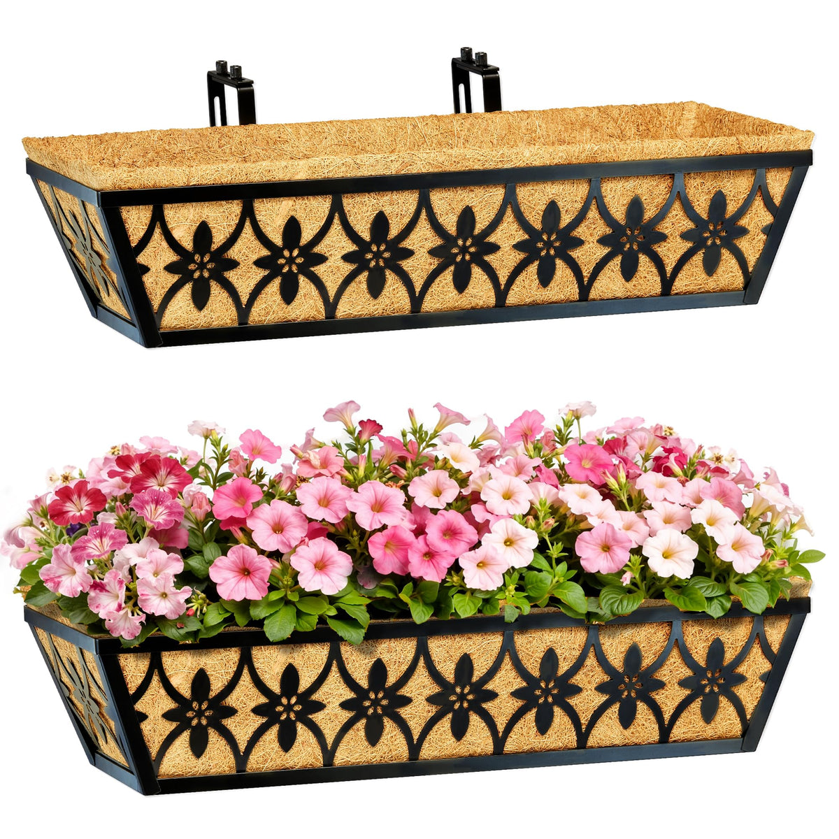 24 Inch Window Boxes Planters Railing Planter Box - 4 Pack Deck Railing Planter Boxes with Adjustable Brackets Coco Liners Balcony Planters Railing Hanging for Window Flower Boxes Outdoor Garden Decor