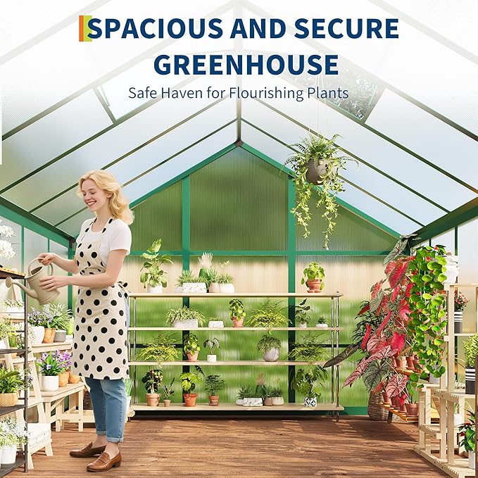 6X10 FT Greenhouse for Outdoors, Large Walk-in Polycarbonate Greenhouse Kit, Aluminum Frame, Lockable Door, Roof Vent, Ground Spikes, for Garden, Patio, Backyard, Outdoor Plant Growth