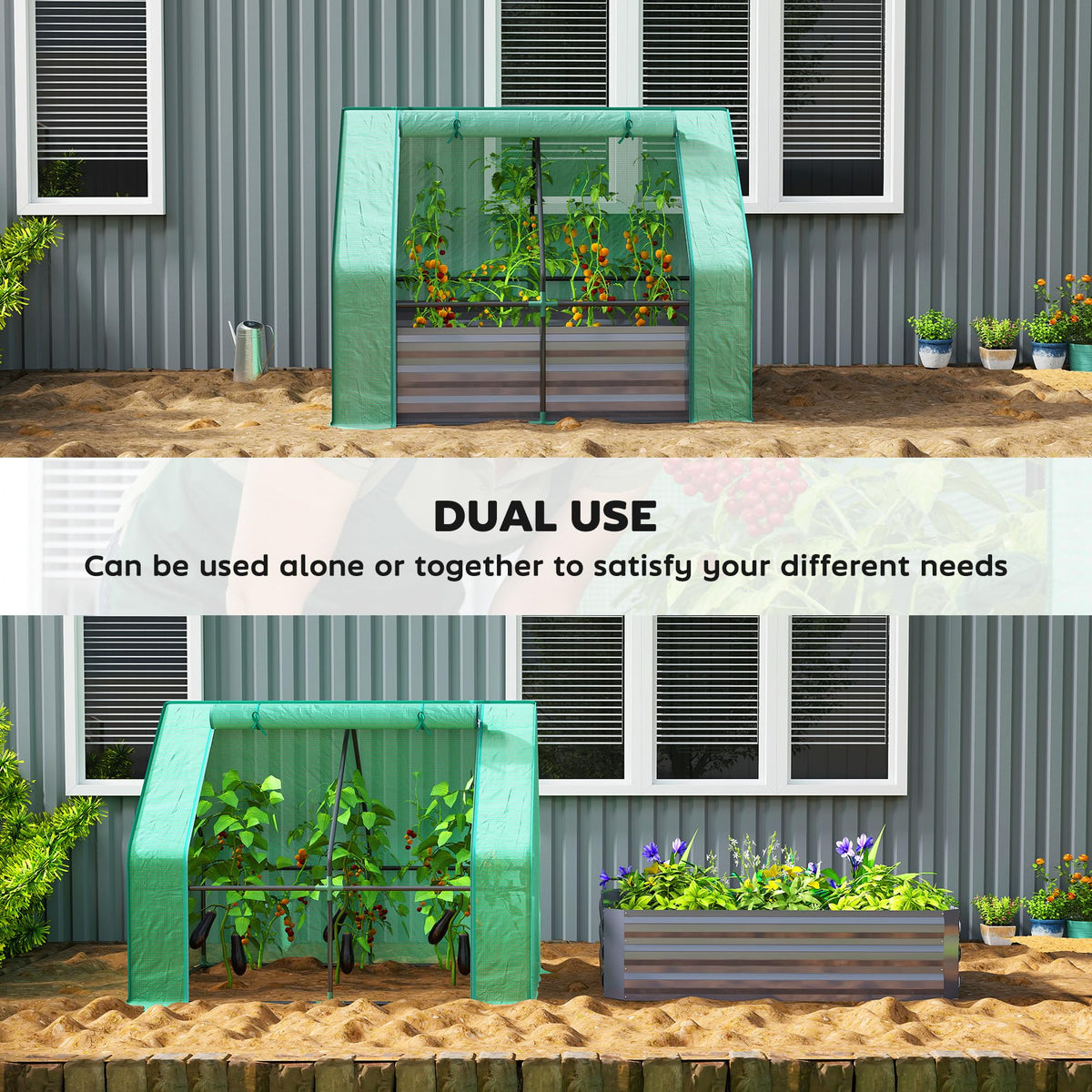Outsunny 4 x 3ft Metal Planter Box with Mini Greenhouse, Green/Dark Gray