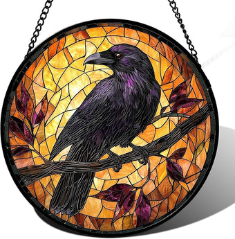 DASTOLL Stained Glass Window Hanging - Crow on a Branch Suncatcher Ready to Hang Window Doors Home Decoration and Christmas, Mother's Day Birthday Gifts for Women, Men, and Mom 14.9x14.9 in