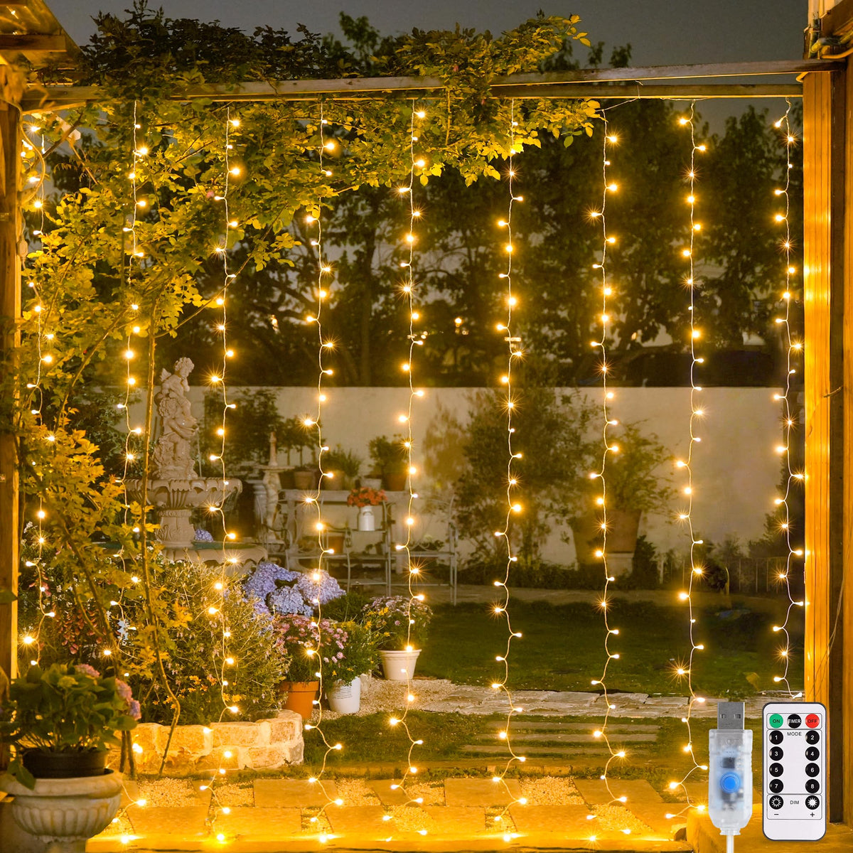 JMEXSUSS USB Plug in Curtain Lights 200 LED with 8 Modes, 6.5ftx6.5ft