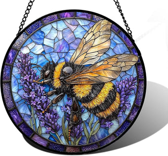 DASTOLL Stained Glass Window Hanging, Bee Lavender Sun Catchers Diamond Glass Panel Hangings Insect Suncatcher Decor for Birthday for Women, Men, Wife, Aunt, and Mom 11.8x11.8 in