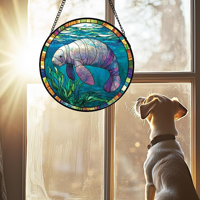 Stained Glass Window Hanging Blue Ocean Seaweed Manatee 7.8" - Suncatcher Door Garden Sunroom Sun Catcher Home Decor Birthday Christmas for Mom Men Woman Nana