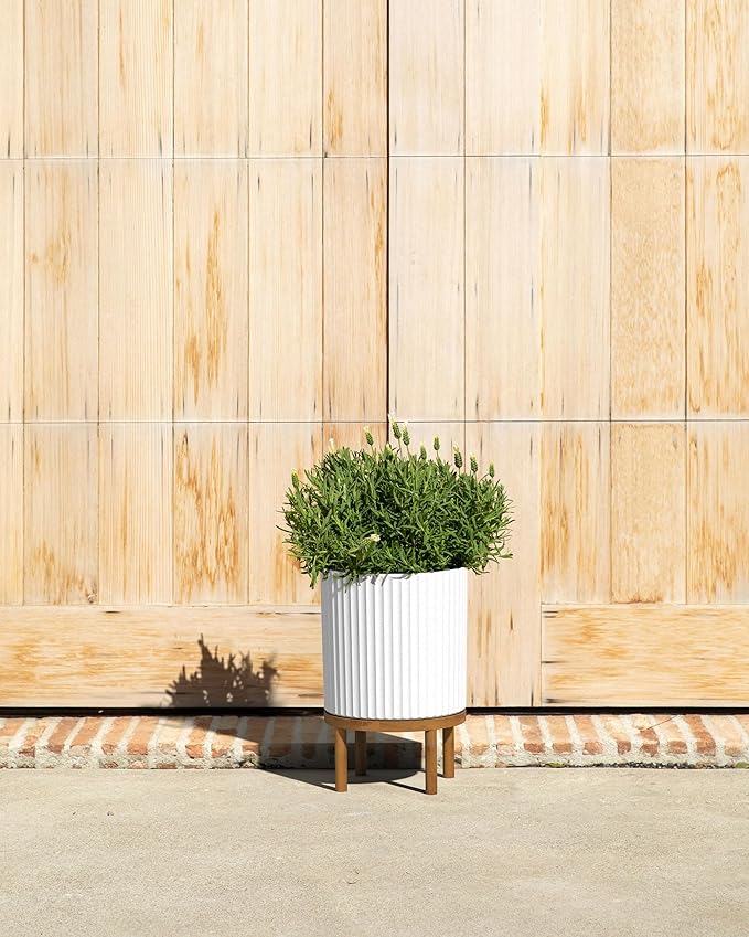 Veradek Demi Series Round Planter w/ Stand for Porch/Patio | Durable Plastic-Concrete & Wooden Stand | Modern Décor for Tall Plants, Flowers