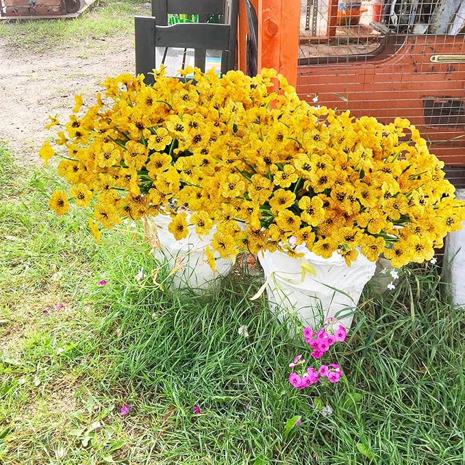 Uieke 16PCS Artificial Flowers for Outdoors UV Resistant No Fade Yellow Fake Flowers for Outside Home Garden Porch Window Box Home Summer Fall Décor (Yellow)