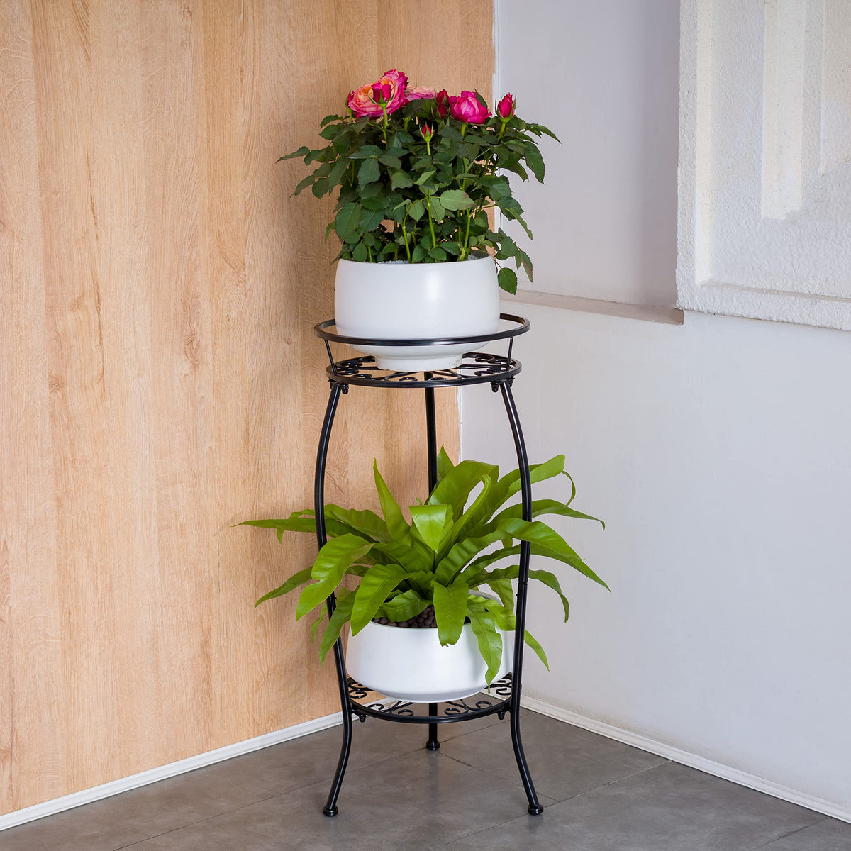 FaithLand 2 Tier Tall Black Metal Plant Stand Indoor Outdoor, 26.5"