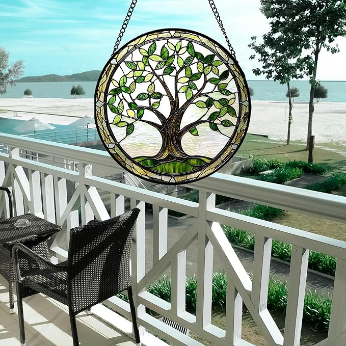 AMDERVEN Stained Glass Window Hanging - Brown Tree Trunk Green Leaves Sun Catcher for Door Garden Home Decor Plant Suncatcher Christmas Mother's Day Birthday Gifts for Women Men Mom Nana 9.8 in
