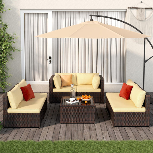 Qsun Patio Furniture Sets 7 Pieces Outdoor Sectional Rattan Sofa Manual Weaving Wicker Patio Conversation Set with Glass Table and Cushion (Beige)