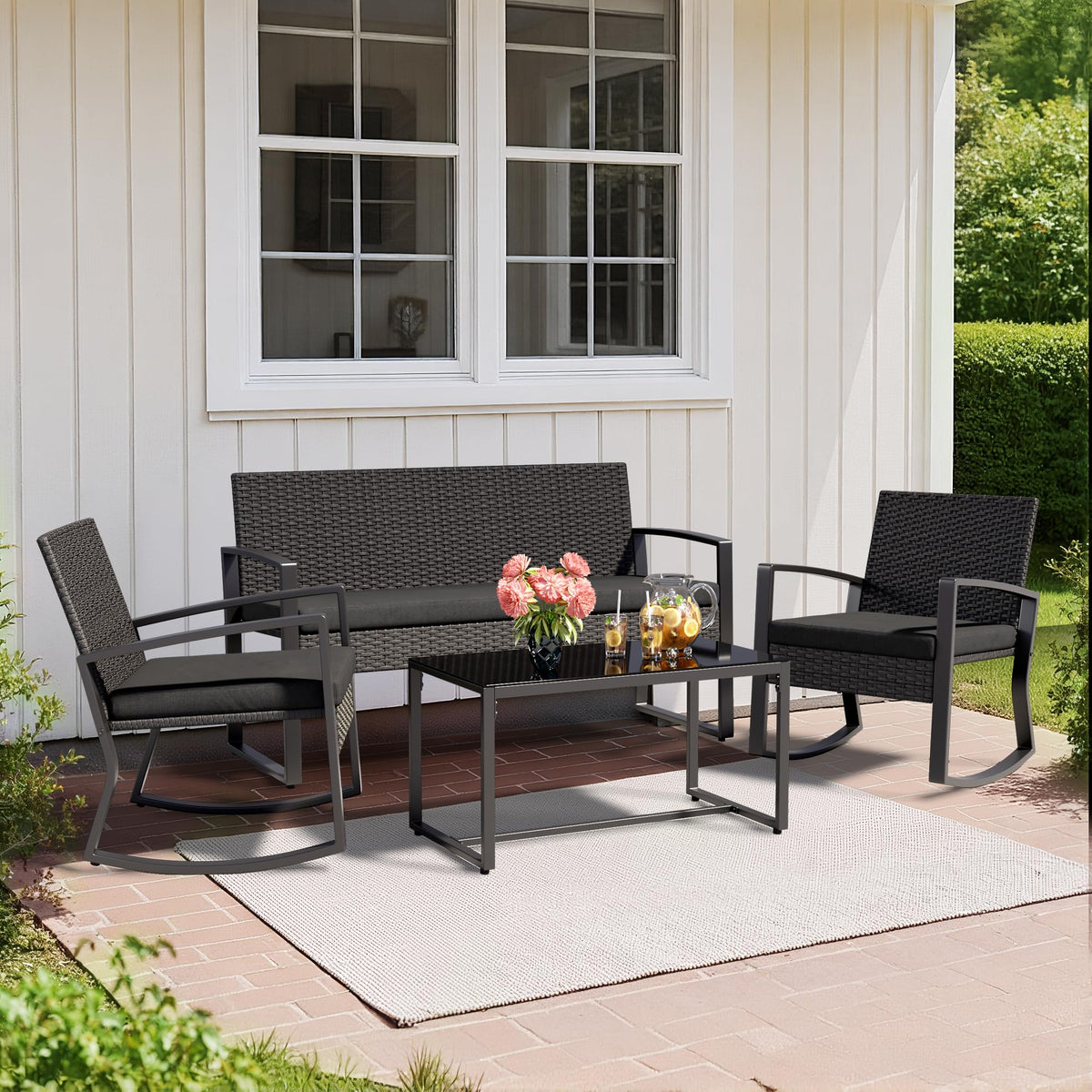 Ahomly 4 Piece Outdoor Patio Furniture Set with Rocking Chairs, Black