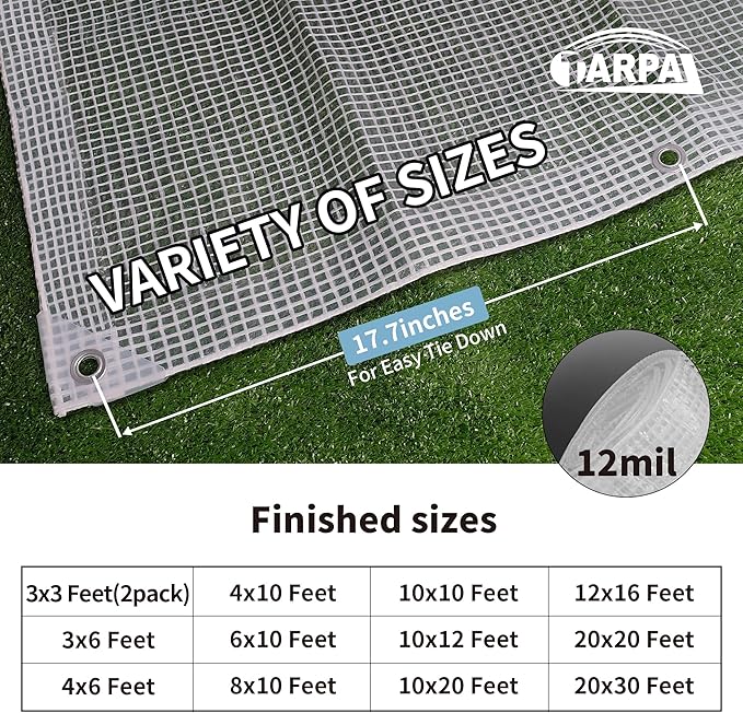 TARPAL 8'x10' Clear White Tarp Heavy Duty Waterproof 12mil with Grommets or Zip Ties for Small Greenhouse for Outdoors Garden,Farm,Chicken Coops