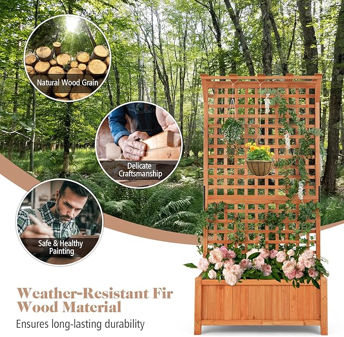 S AFSTAR Planter with Trellis Set of 2, 35.5x17.5x72.5 inch Wood Planter Box with Lattice Trellis & Hanging Roof, Removable Base, Plant Box for Climbing Plant Flower Rose Grape Cucumber