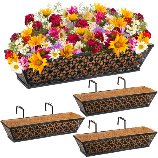 Potchen 4 Pieces Railing Planter Boxes, 24 Inches Window Box Planters with Coco Liner and Adjustable Brackets for Deck Porch Fence Patio Balcony Gardening Outdoor Plants