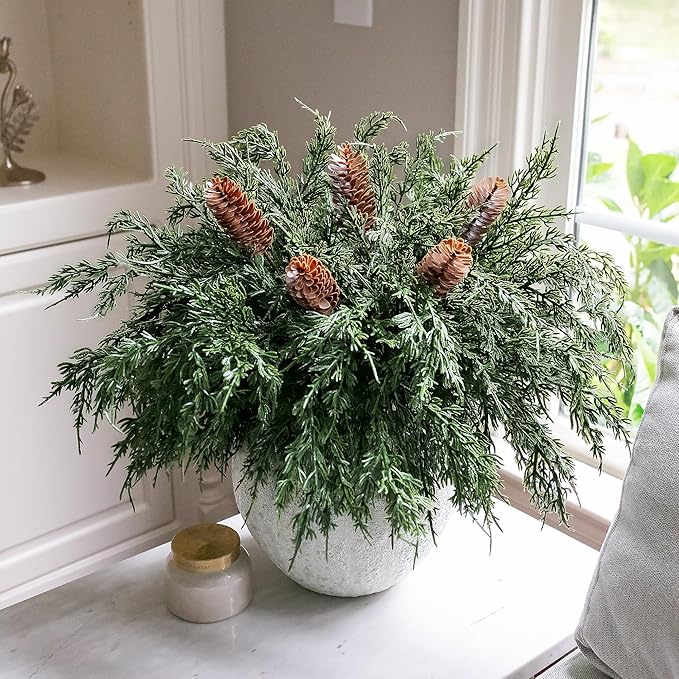 Cedar Stems Artificial Norfolk Pine Branches for Christmas Decor, 12 PCS Fake Pine Stems with 5 PCS Big Pine Cones Branches Realistic Fake Plants Faux Greenery for Vases DIY Garland Xmas Table Indoor