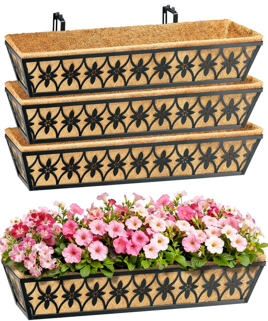 30 Inch Window Boxes Planters Railing Planter Box - 4 Pack Deck Railing Planter Boxes with Adjustable Brackets Coco Liners Balcony Planters Railing Hanging for Window Flower Boxes Outdoor Garden Decor