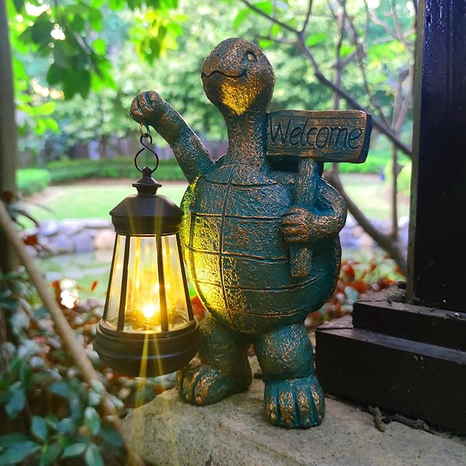 JOYBEE Garden Statues Turtle with Solar Lantern Outdoor Decor-Turtle Solar Figurines Lights Decorations for Patio Yard Lawn Ornaments-Gifts for Birthday Easter Housewarming