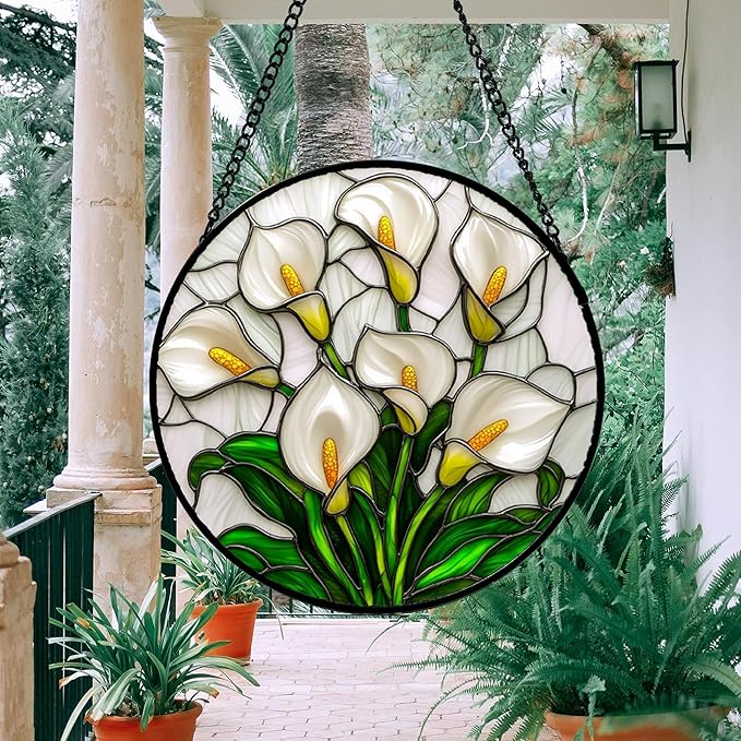 Stained Glass Window Hanging, White Calla Lily Suncatcher Diamond Glass Panel Hangings Flowers Sun Catchers Decor for Birthday for Women, Men, Wife, Aunt, and Mom 14.9x14.9 in