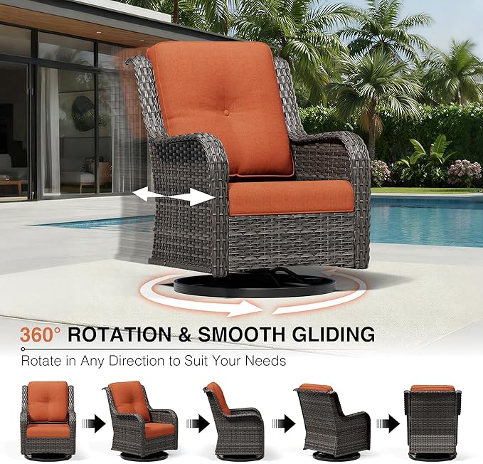 Joyside 9 Piece Wicker Patio Furniture Set, Outdoor Swivel Rocker Patio Chairs with High Back, Deep Seating, Wide Armrest, Thickened Cushions, Outdoor Furniture for Deck, Porch Use