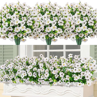 Bassion Artificial Flowers for Outdoors, 24 Bundles UV Resistant Fake Flowers Realistic Silk Faux Plants for Outdoor Planter Window Box Porch Patio Garden Home Outside Decorations