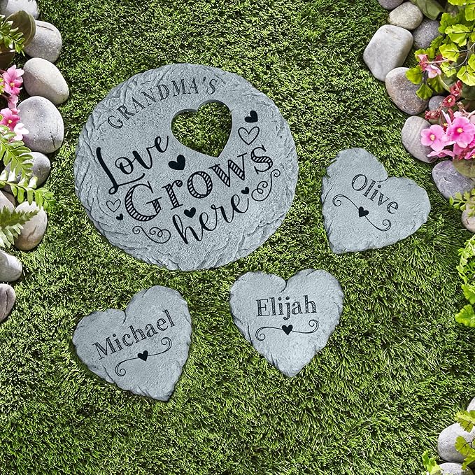 Let's Make Memories Personalized Garden Stone - Resin - Custom Garden Décor - Love Grows Here Round Stone with Heart Cutout - for Dad - for Father's Day